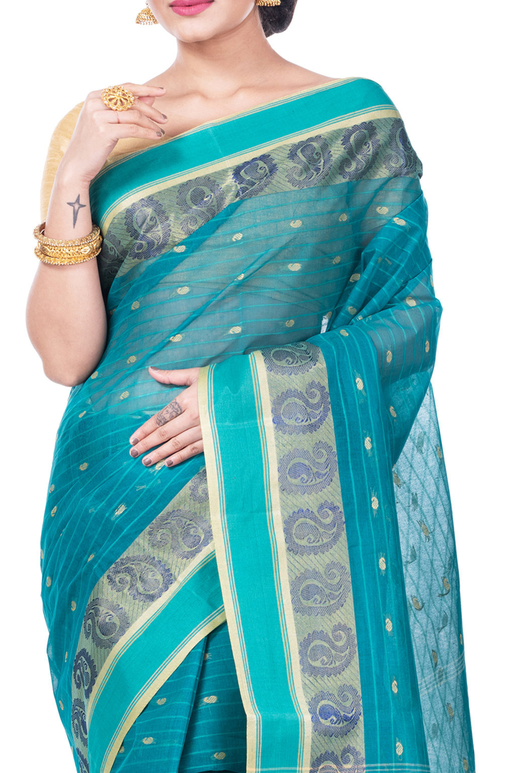 Dark Green Pure Cotton Kolka_Guti Tant Saree (5134)